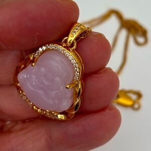 ROSE QUARTZ/ GREEN JADE/ HOWLITE 24k BUDDHA PENDANT ON 24 K GOLD CHAIN